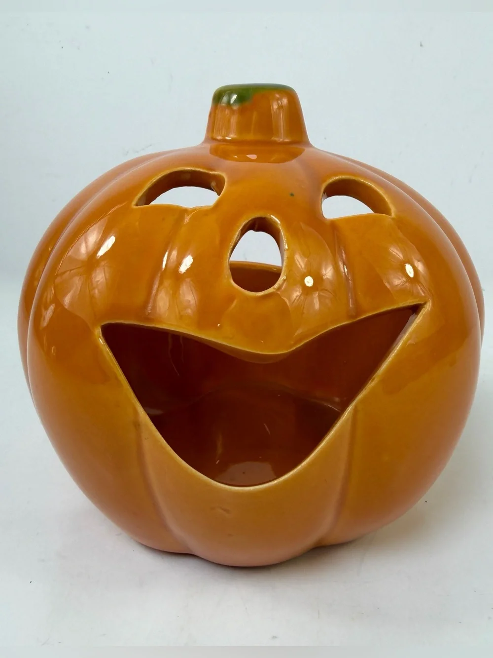 Vintage Ceramic Jack O Lantern Candy Bowl Planter Halloween Pumpkin 6.5” Glazed
